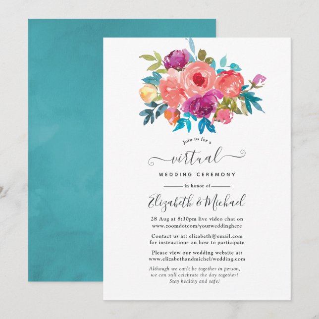 Convite Casamento Virtual Floral Coral, Turquesa e Roxo (Frente/Verso)