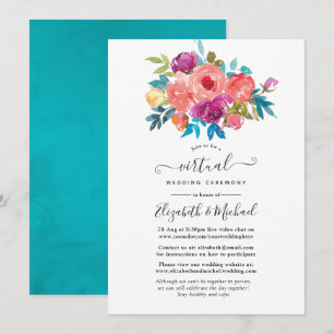 Convite Casamento Virtual Floral Coral, Turquesa e Roxo