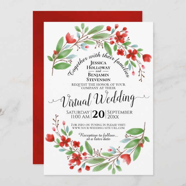 Convite Casamento Virtual Floral da Elegante Red Watercolo (Frente/Verso)