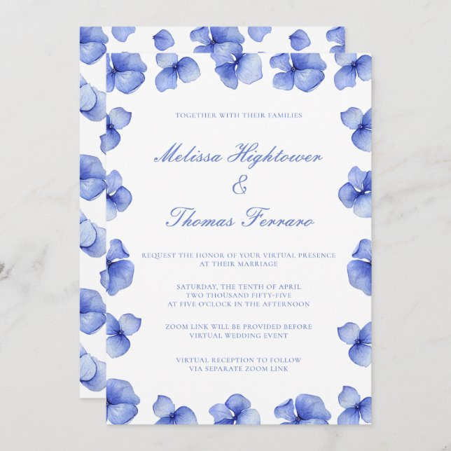 Convite Casamento Virtual Floral da Hydrangea Azul Elegant (Frente/Verso)
