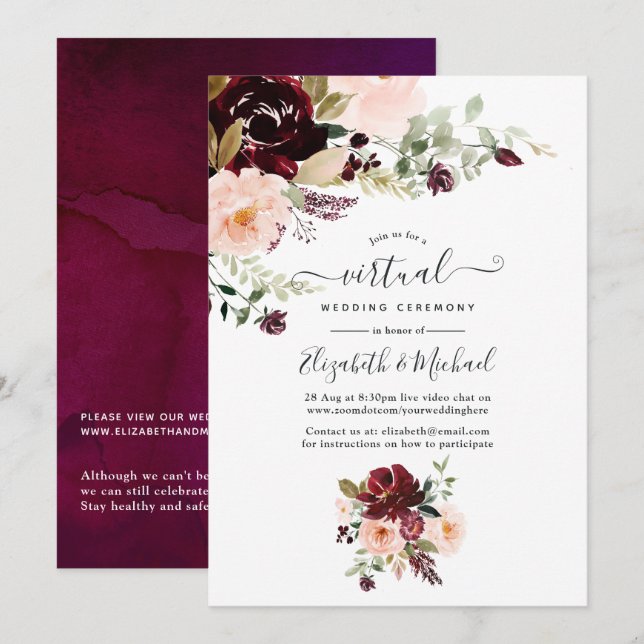 Convite Casamento Virtual Floral de Berinjela e Bege Borgo (Frente/Verso)