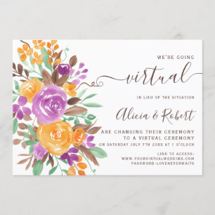 Convite Casamento virtual floral de laranja roxo no outono