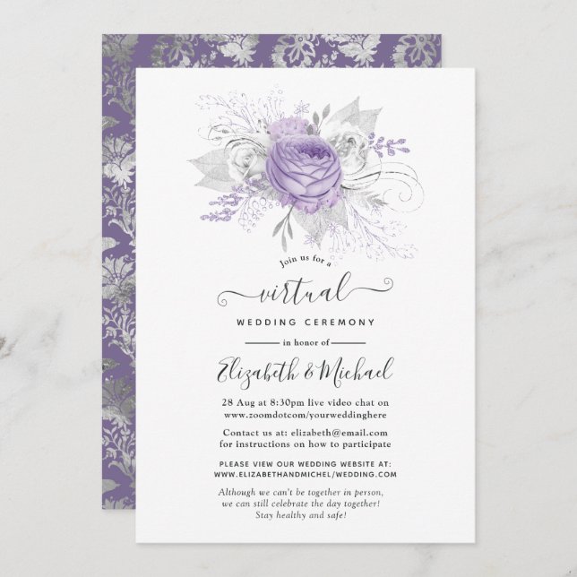 Convite Casamento Virtual Floral de lavanda e Prata (Frente/Verso)