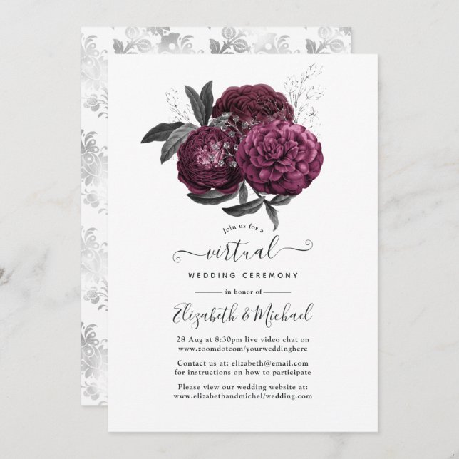 Convite Casamento Virtual Floral de Marsala, Black e Silve (Frente/Verso)