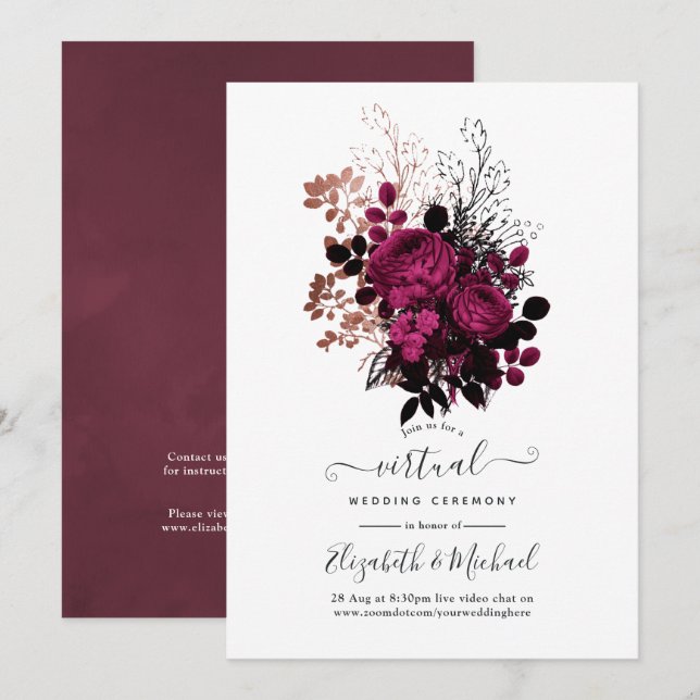 Convite Casamento Virtual Floral Dourado de Marsala e Rosa (Frente/Verso)