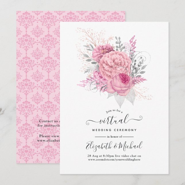 Convite Casamento Virtual Floral e de Renda Rosa e Prata (Frente/Verso)