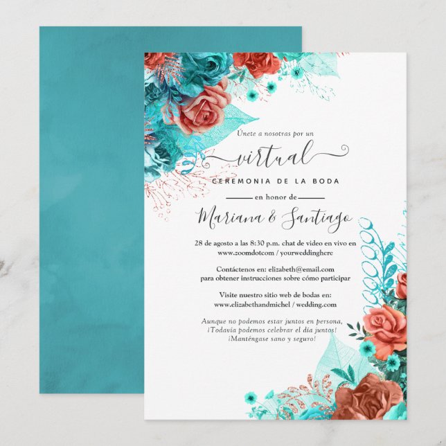 Convite Casamento Virtual Floral e Turquesa Espanhola (Frente/Verso)