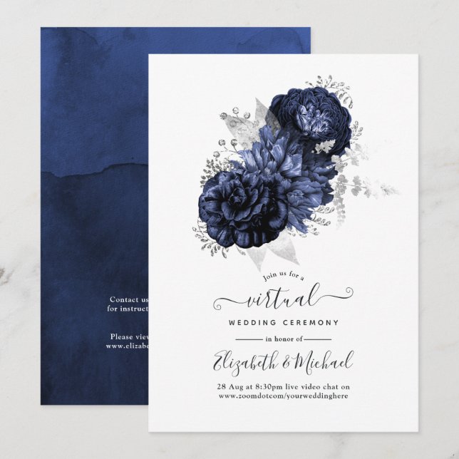 Convite Casamento Virtual Floral em Azul Marinho e Prata R (Frente/Verso)