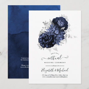 Convite Casamento Virtual Floral em Azul Marinho e Prata R