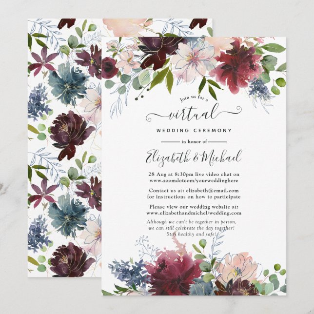 Convite Casamento Virtual Floral em Borgonha, Azul Marinho (Frente/Verso)