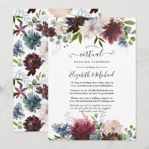 Convite Casamento Virtual Floral em Borgonha, Azul Marinho