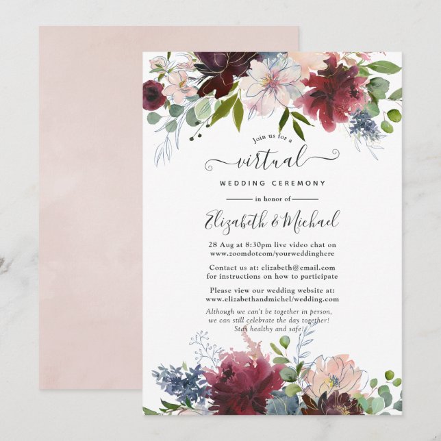 Convite Casamento Virtual Floral em Borgonha, Azul Marinho (Frente/Verso)