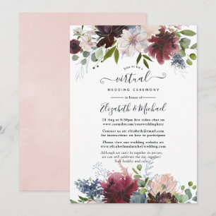 Convite Casamento Virtual Floral em Borgonha, Azul Marinho