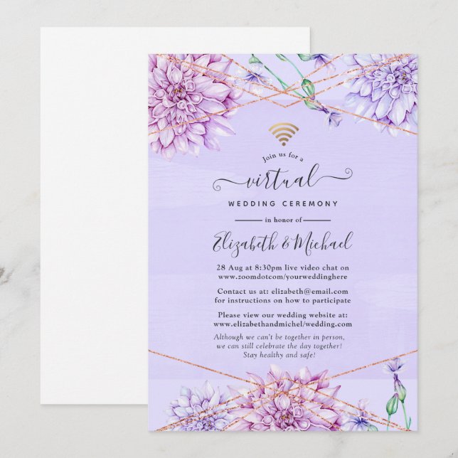 Convite Casamento Virtual Floral em Lavanda e Dourado Rosa (Frente/Verso)