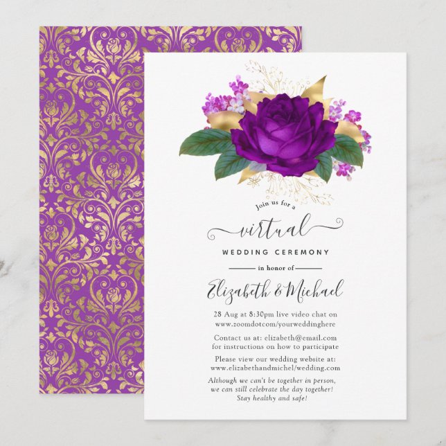 Convite Casamento Virtual Floral em Roxo Real e Dourado (Frente/Verso)