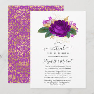 Convite Casamento Virtual Floral em Roxo Real e Dourado