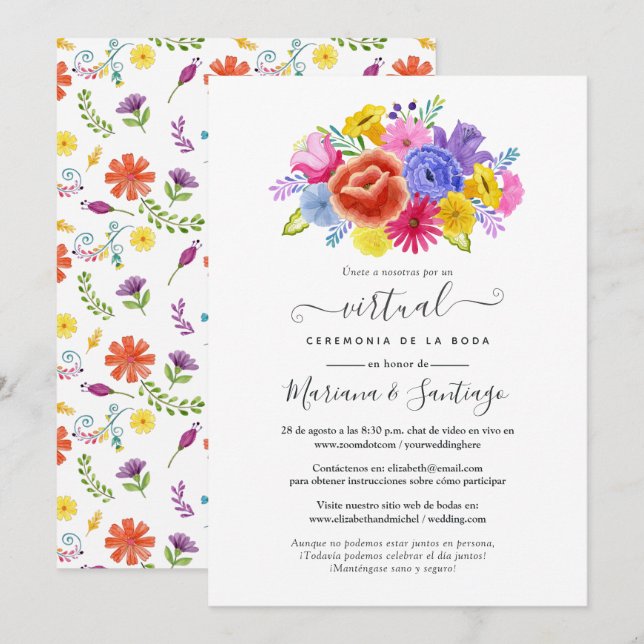 Convite Casamento Virtual Floral Espanhol Fiesta Aquarela (Frente/Verso)