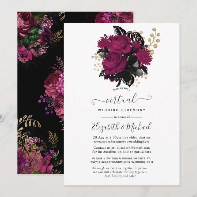 Convite Casamento Virtual Floral Marsala e Dourado (Frente/Verso)