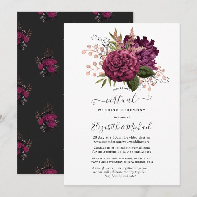 Convite Casamento Virtual Floral Marsala e Dourado Rosa (Frente/Verso)