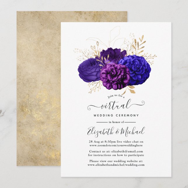 Convite Casamento Virtual Floral Roxo, Azul Real e Dourado (Frente/Verso)