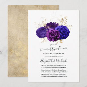 Convite Casamento Virtual Floral Roxo, Azul Real e Dourado