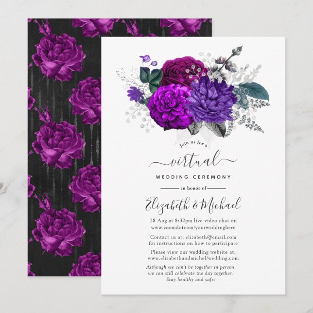 Convite Casamento Virtual Floral Roxo e Prata (Frente/Verso)