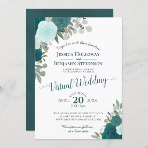 Convite Casamento Virtual Floral Rustic Teal Watercolor