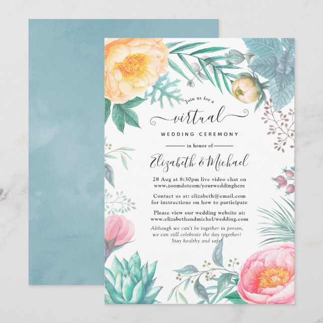 Convite Casamento Virtual Floral Tropical de Dusty Pastel (Frente/Verso)