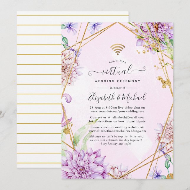 Convite Casamento Virtual Geométrico Floral Rosa e Dourado (Frente/Verso)