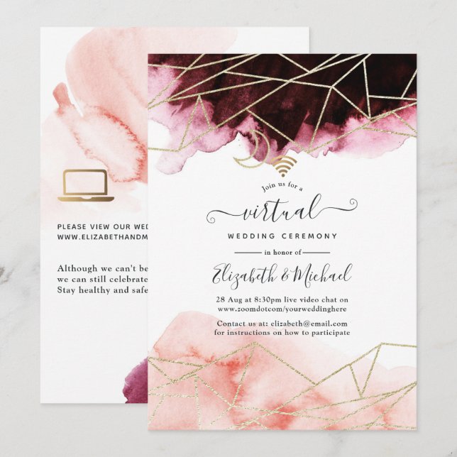 Convite Casamento Virtual Geométrico Online Da Burgundy E  (Frente/Verso)