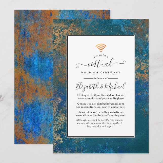 Convite Casamento Virtual Grunge Copper Patina & Turquesa (Frente/Verso)