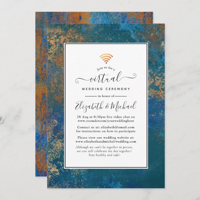 Convite Casamento Virtual Grunge Copper Patina & Turquoise (Frente/Verso)