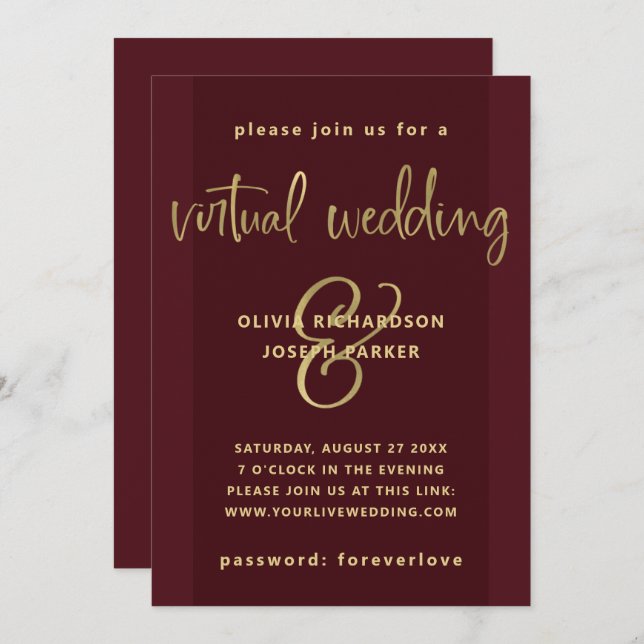 Convite Casamento Virtual Moderno | Borgonha e Dourado (Frente/Verso)