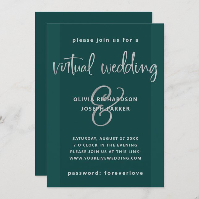 Convite Casamento virtual moderno| Emerald Green e Silver (Frente/Verso)