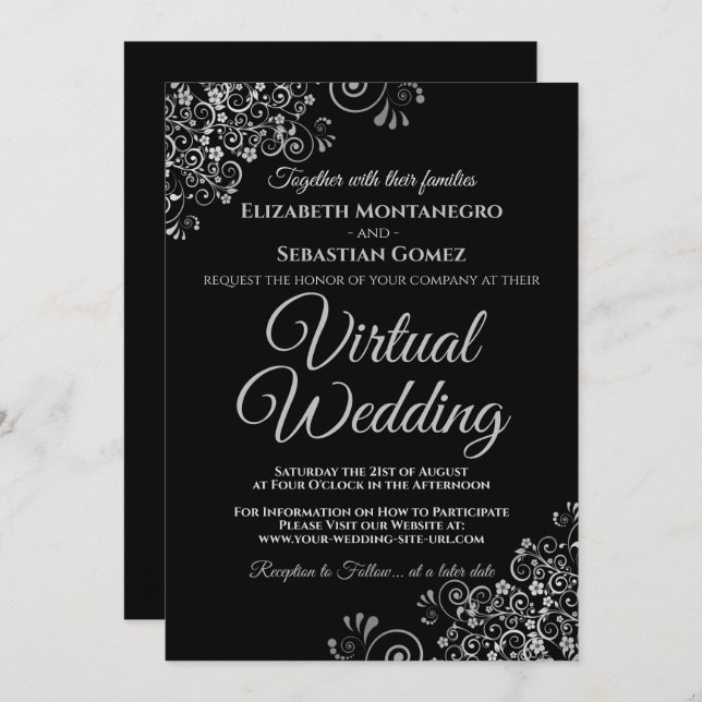 Convite Casamento Virtual Negro Elegante para Prata (Frente/Verso)