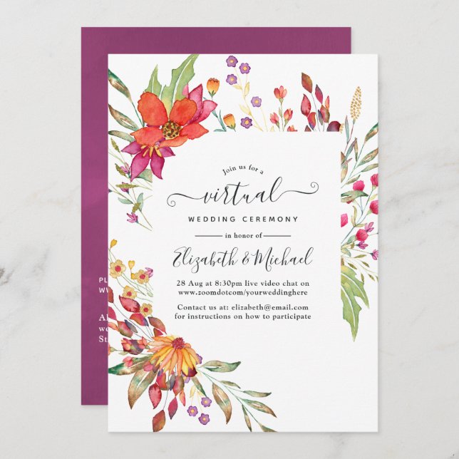 Convite Casamento Virtual Online Aquarelle Wild Flower (Frente/Verso)