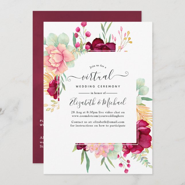 Convite Casamento Virtual Online Burgundy e Blush Floral (Frente/Verso)