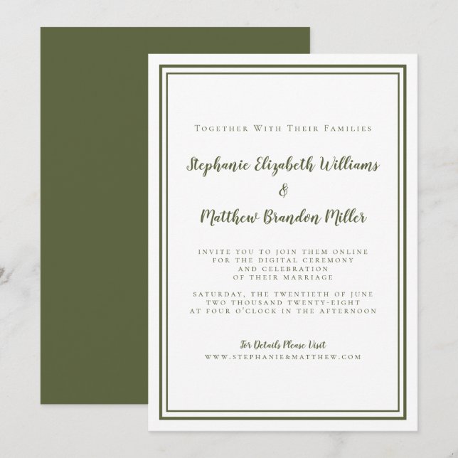 Convite Casamento Virtual Online Cibernético Oliva Simples (Frente/Verso)