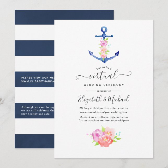 Convite Casamento Virtual Online de Aguarela Náutica (Frente/Verso)