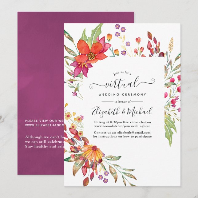 Convite Casamento Virtual Online de Aquarelle Wild Flower (Frente/Verso)
