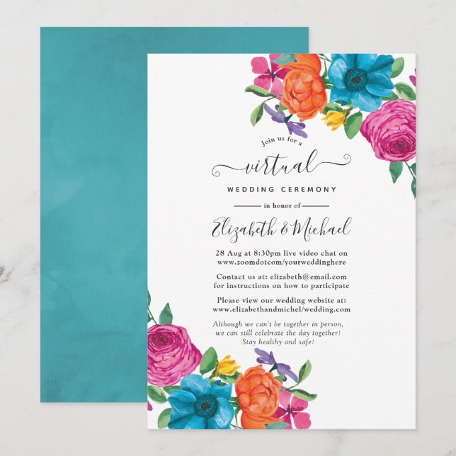 Convite Casamento Virtual Online de Floral Aquarela Fiesta (Frente/Verso)