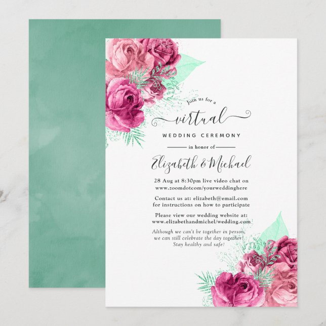 Convite Casamento Virtual Online de Flores Rosa e Hortelã (Frente/Verso)