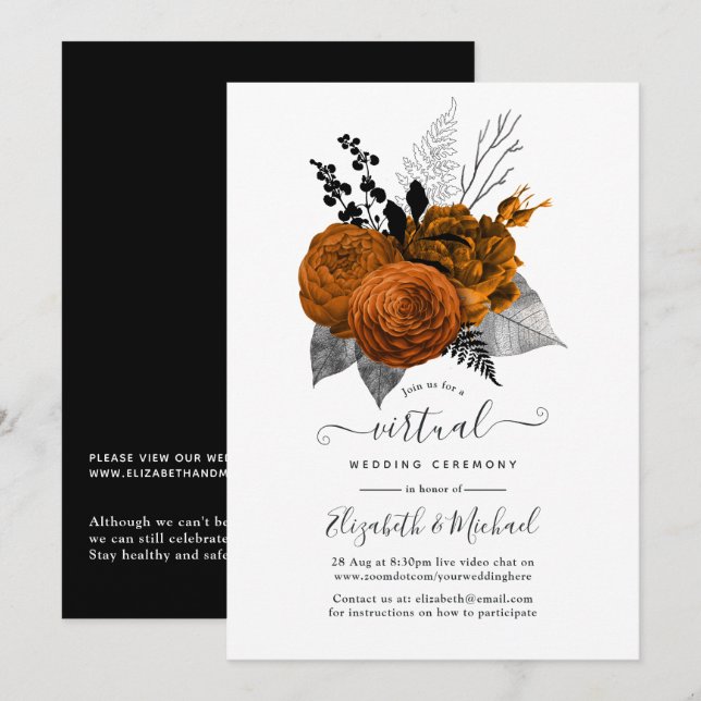 Convite Casamento Virtual Online de Halloween Floral Vinta (Frente/Verso)