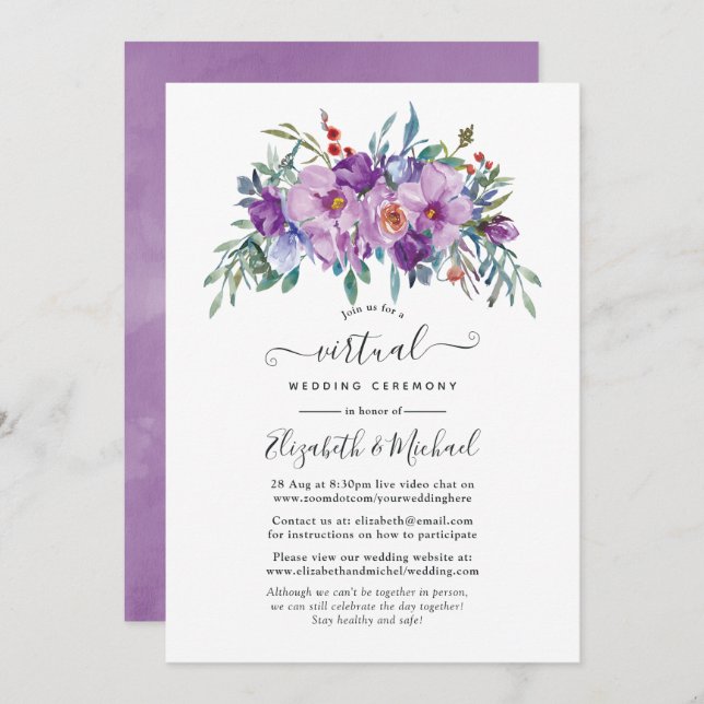 Convite Casamento Virtual Online de Magnolias Roxas e Rosa (Frente/Verso)