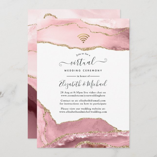 Convite Casamento Virtual Online do Agate Blush e Dourado (Frente/Verso)