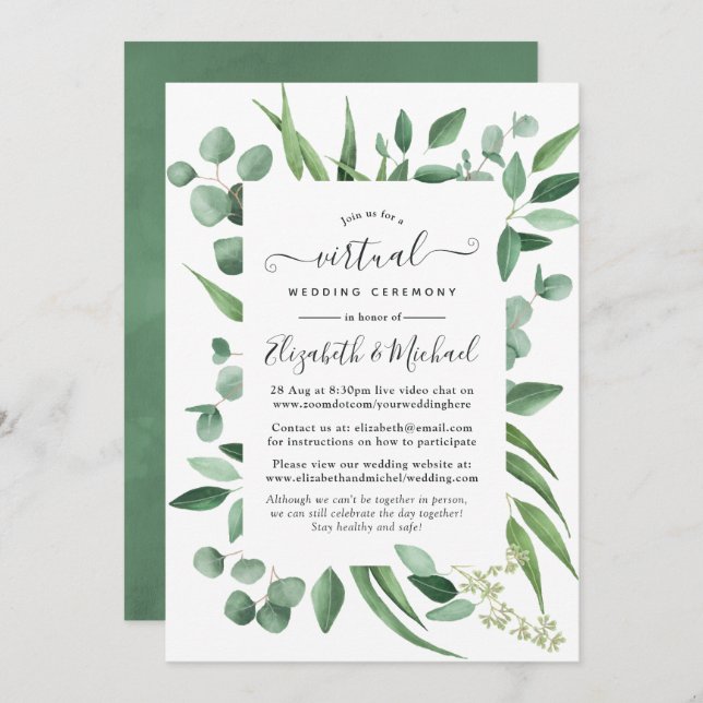 Convite Casamento Virtual Online Eucalyptus Greenery (Frente/Verso)