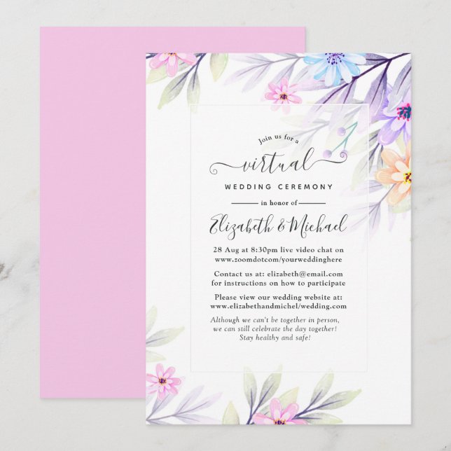 Convite Casamento Virtual Online Floral Aquarela Pastel (Frente/Verso)