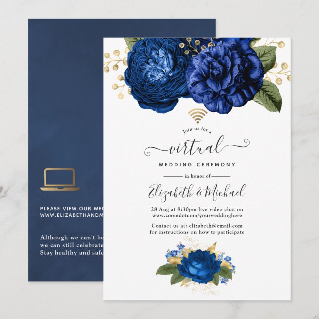 Convite Casamento Virtual Online Floral Azul e Dourado (Frente/Verso)