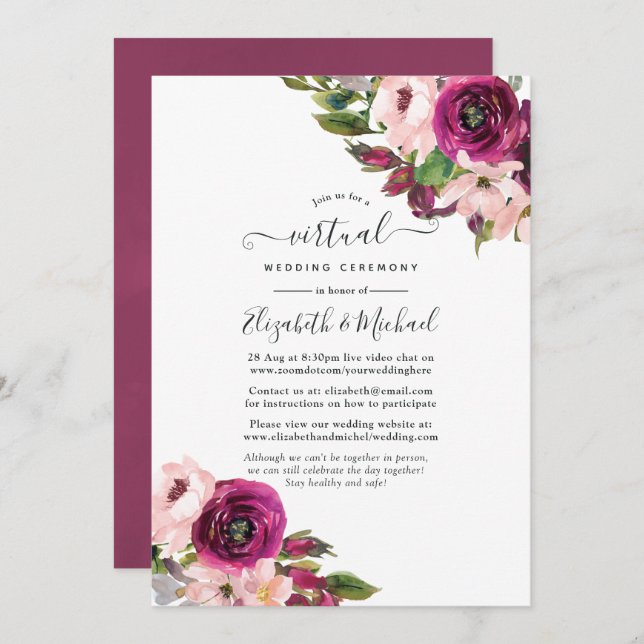 Convite Casamento Virtual Online Floral de Marsala e Blush (Frente/Verso)