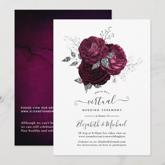 Convite Casamento Virtual Online Floral em Borgonha e Prat (Frente/Verso)